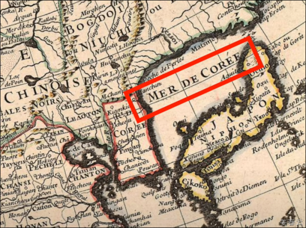 Ancient map showing Sea of Korea also known as Gulf of Korea, Corea Sea, Mare Di Corai published on the map from year 1643 to 1851