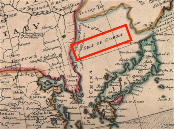 Ancient map showing Sea of Korea also known as Gulf of Korea, Corea Sea, Mare Di Corai published on the map from year 1643 to 1851