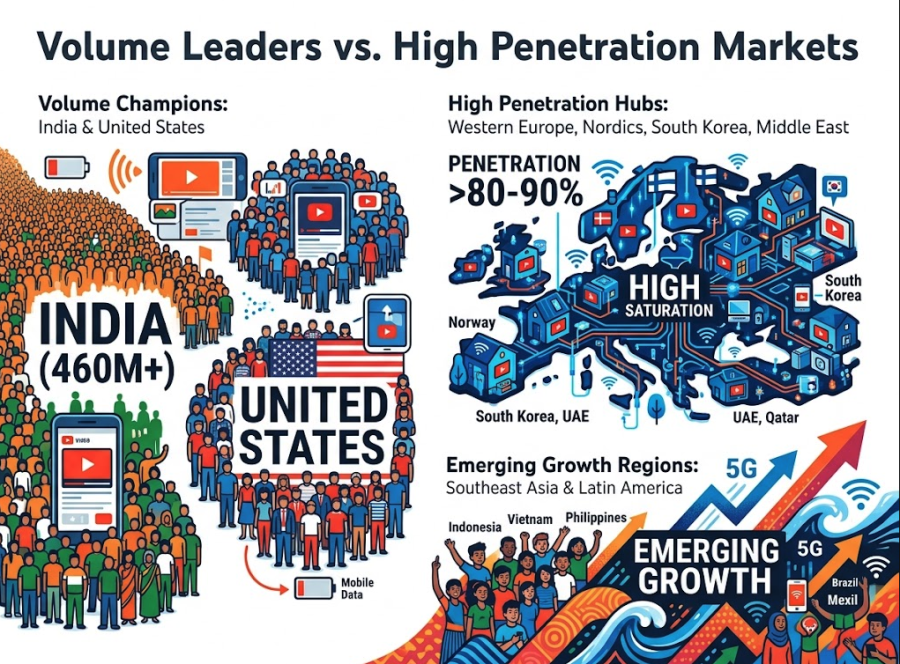 Global YouTube Usage Analysis: Top 100 Countries by User Population